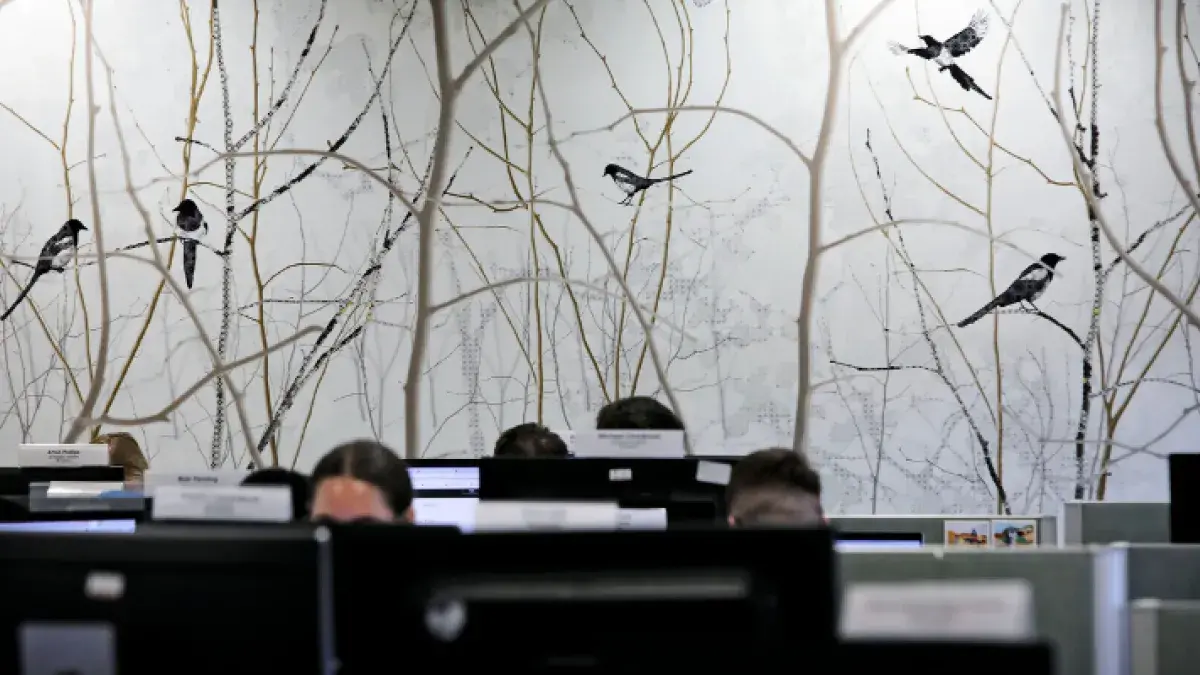 A view or the tops of several computers, focusing on tree and bird wallpaper in the background